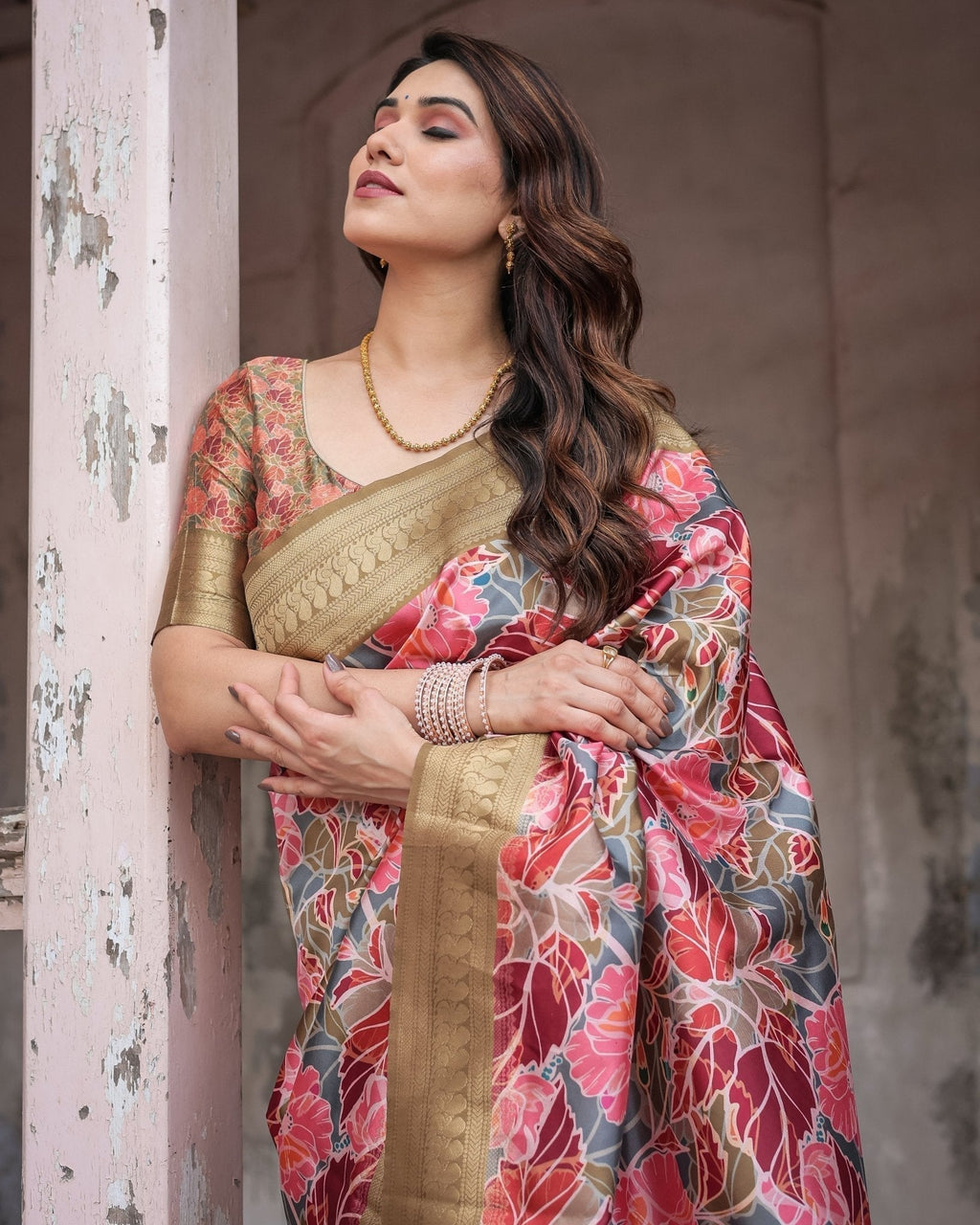 Gold Banarasi Silk Saree with Bold Floral Print and Intricate Zari Border BANARASI PRINTED