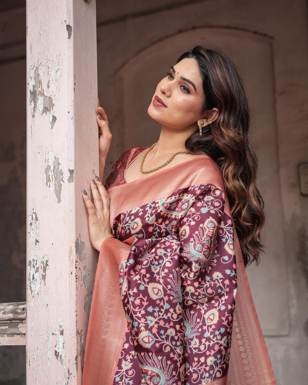 Maroon Banarasi Silk Saree with Peach Zari Border and Paisley Motifs BANARASI PRINTED