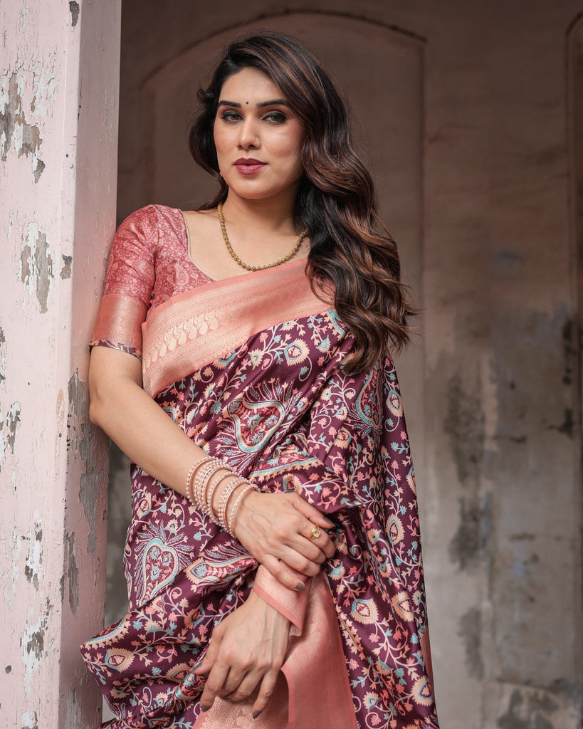 Maroon Banarasi Silk Saree with Peach Zari Border and Paisley Motifs BANARASI PRINTED
