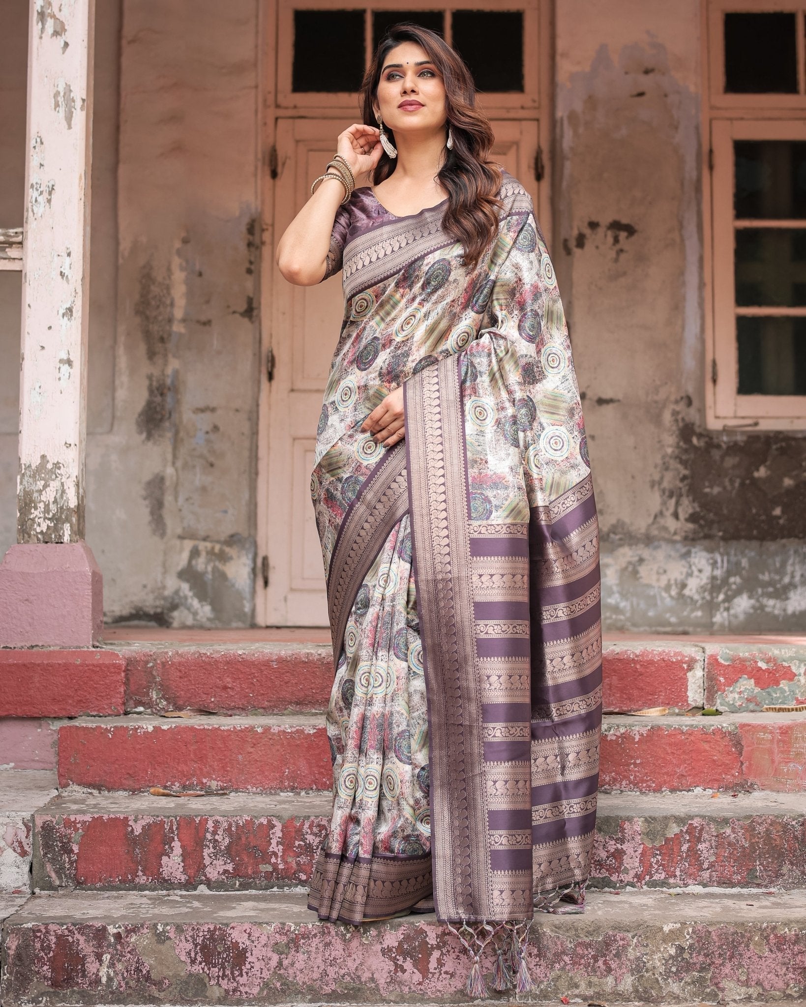 Regal Purple Banarasi Silk Saree with Digital Print and Ornate Border BANARASI PRINTED Main image