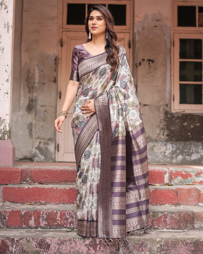 Regal Purple Banarasi Silk Saree with Digital Print and Ornate Border BANARASI PRINTED
