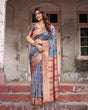 Load image into Gallery viewer, Teal Banarasi Silk Saree with Rust Zari Border and Floral Motifs BANARASI PRINTED
