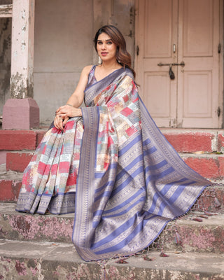 Multicolor Banarasi Silk Saree with Abstract Checkered Print & Lavender Zari Border BANARASI PRINTED