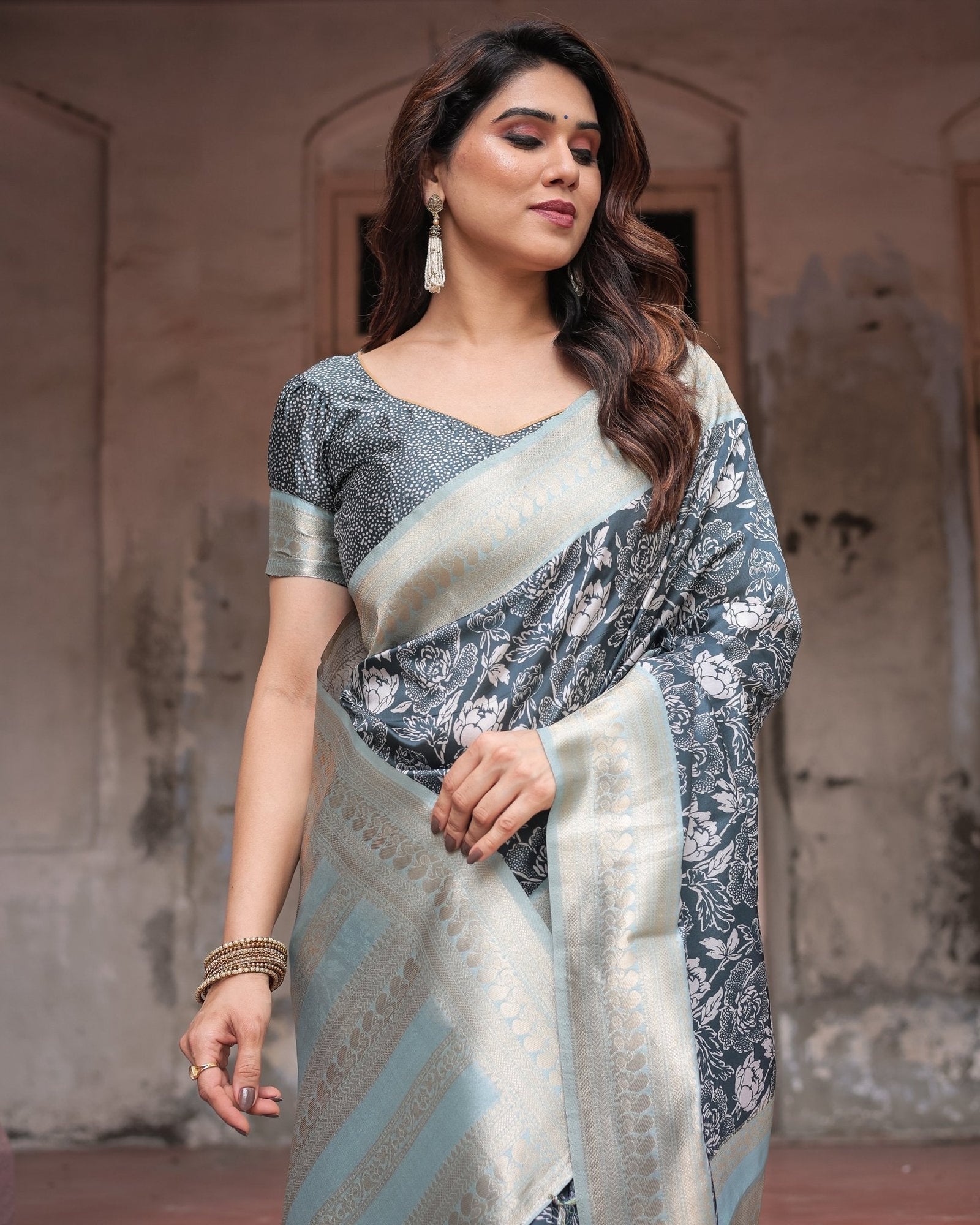 Sophisticated Floral Banarasi Silk Saree with Light Blue Zari Border BANARASI PRINTED