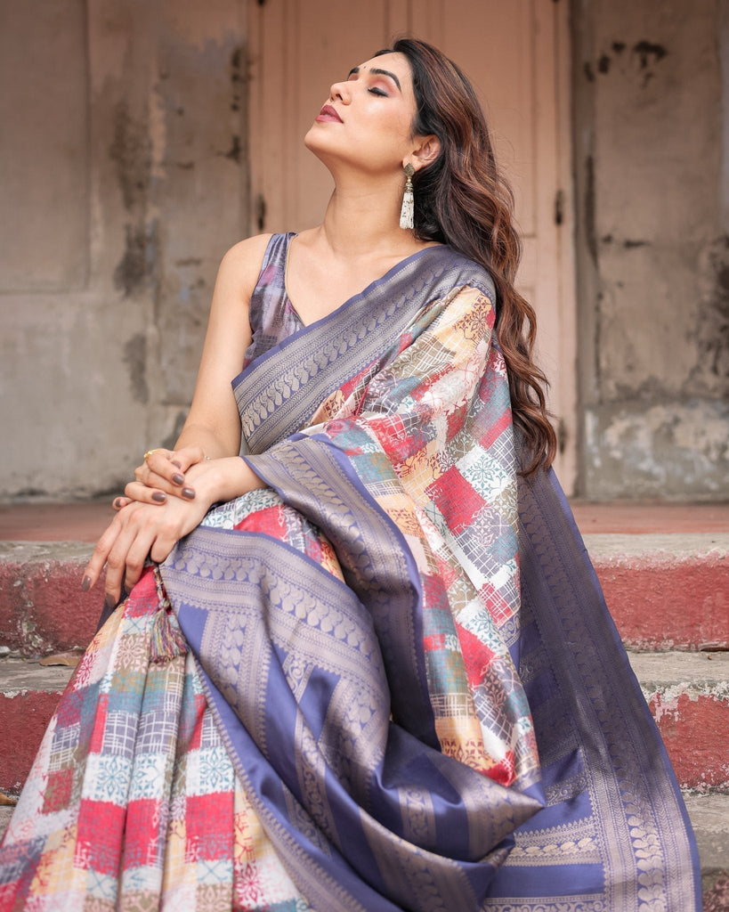 Multicolor Banarasi Silk Saree with Abstract Checkered Print & Lavender Zari Border BANARASI PRINTED