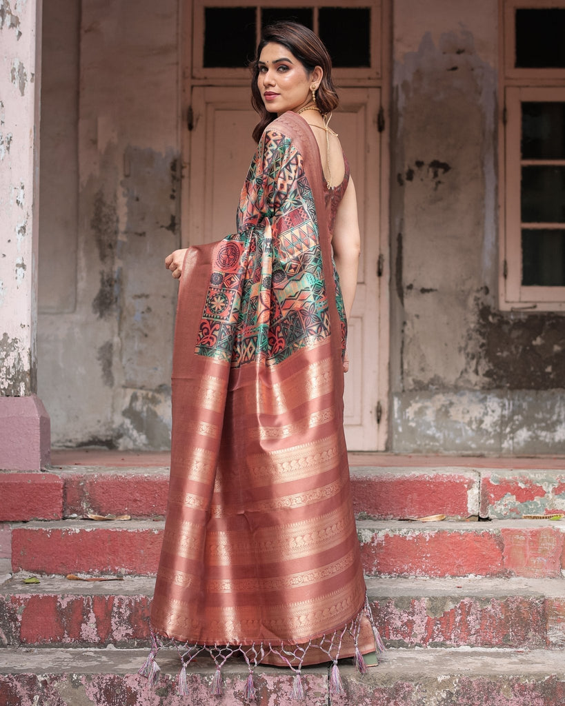 Multicolor Geometric Print Banarasi Silk Saree with Copper Zari Border BANARASI PRINTED