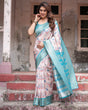 Load image into Gallery viewer, Mesmerizing Aqua Banarasi Silk Saree with Digital Print and Tassels BANARASI PRINTED