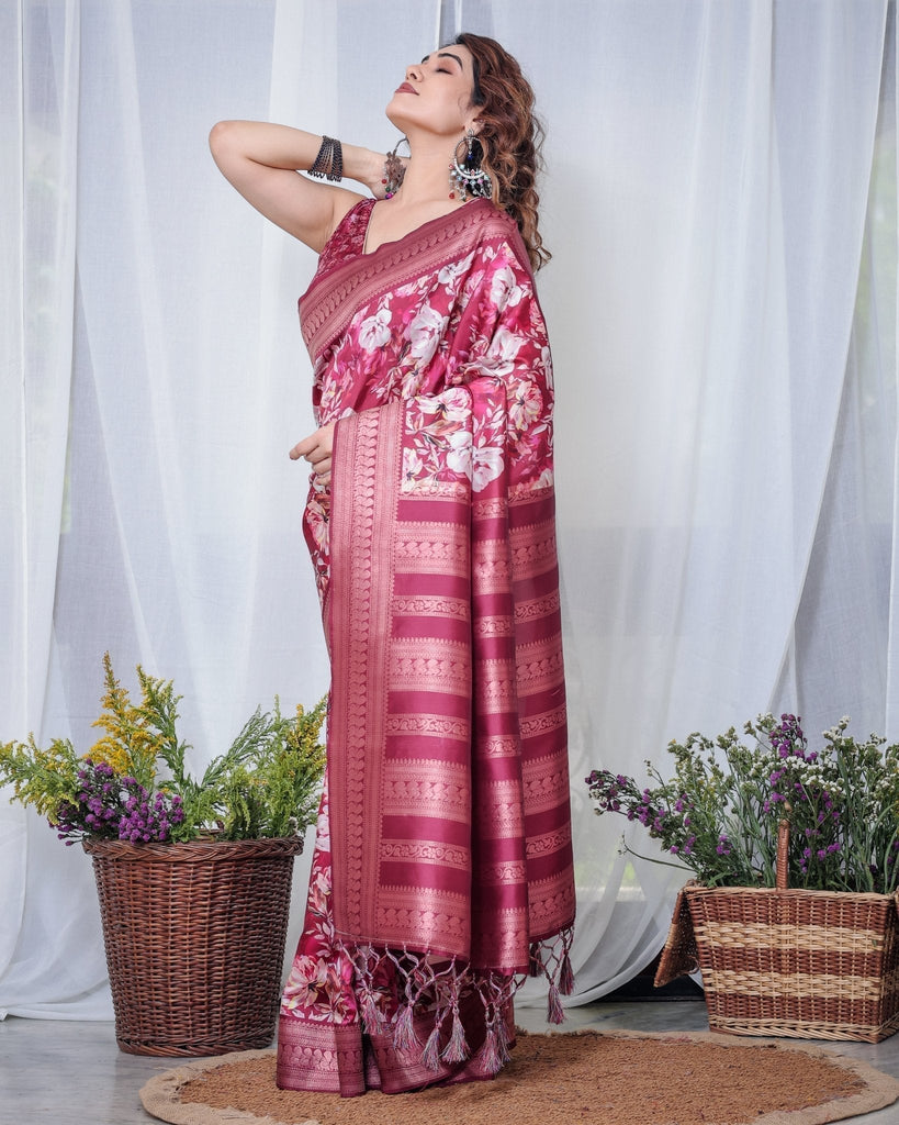 Graceful Maroon Floral Banarasi Silk Saree with Tassels BANARASI PRINTED
