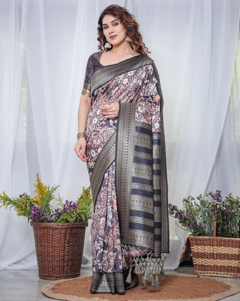 Exquisite Black and Pink Floral Banarasi Silk Saree with Intricate Tassels BANARASI PRINTED