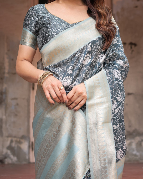 Sophisticated Floral Banarasi Silk Saree with Light Blue Zari Border BANARASI PRINTED