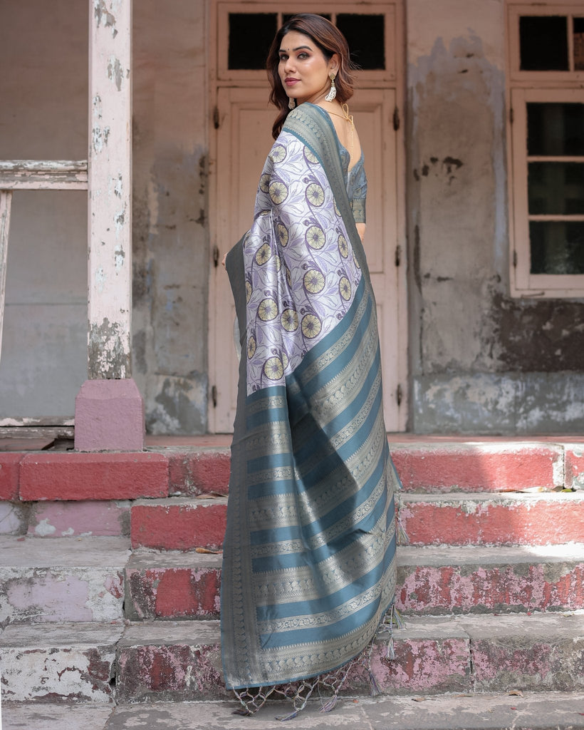 Sophisticated Lilac Banarasi Silk Saree with Floral Prints and Zari Tassel Border BANARASI PRINTED