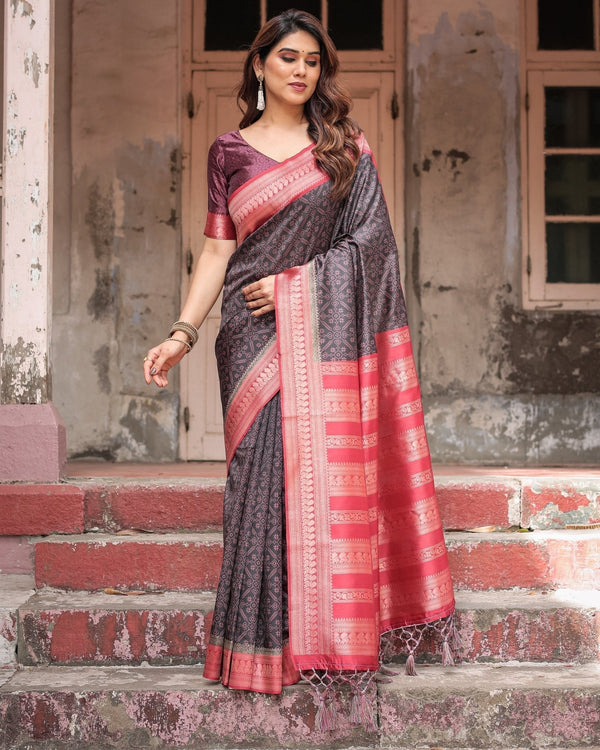 Black Banarasi Silk Saree with Intricate Pink Zari Border & Traditional Motifs BANARASI PRINTED