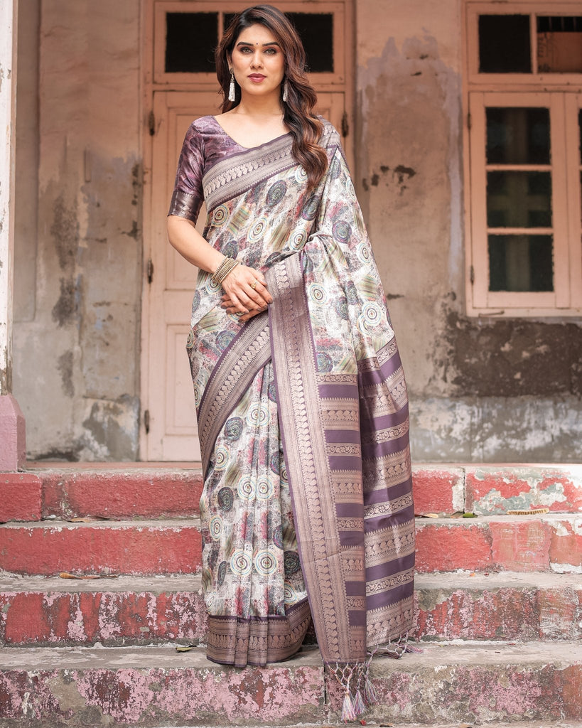 Regal Purple Banarasi Silk Saree with Digital Print and Ornate Border BANARASI PRINTED