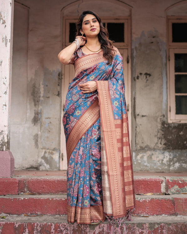 Teal Banarasi Silk Saree with Rust Zari Border and Floral Motifs BANARASI PRINTED