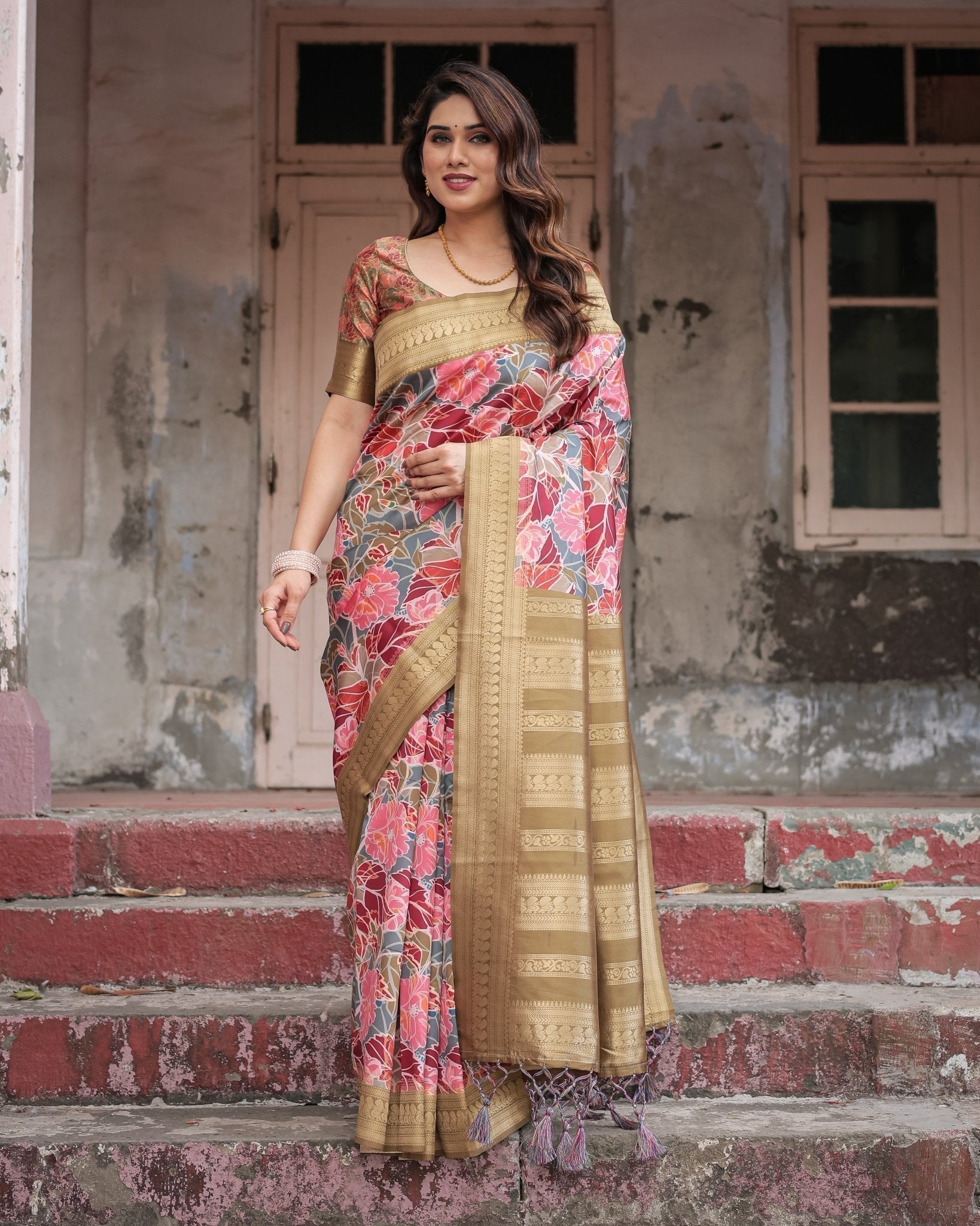 Gold Banarasi Silk Saree with Bold Floral Print and Intricate Zari Border BANARASI PRINTED