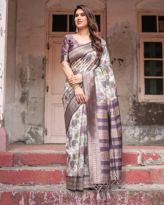 Regal Purple Banarasi Silk Saree with Digital Print and Ornate Border BANARASI PRINTED