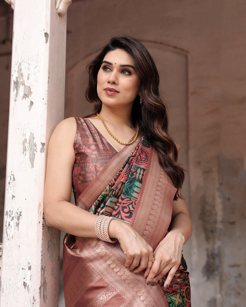 Multicolor Geometric Print Banarasi Silk Saree with Copper Zari Border BANARASI PRINTED