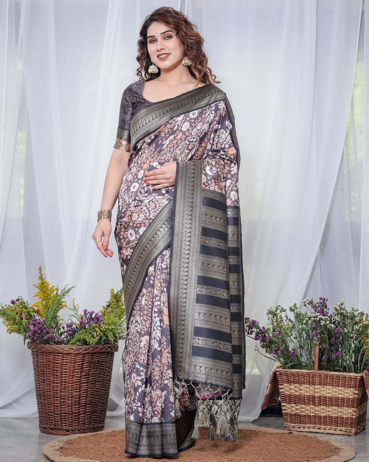 Exquisite Black and Pink Floral Banarasi Silk Saree with Intricate Tassels BANARASI PRINTED Main image