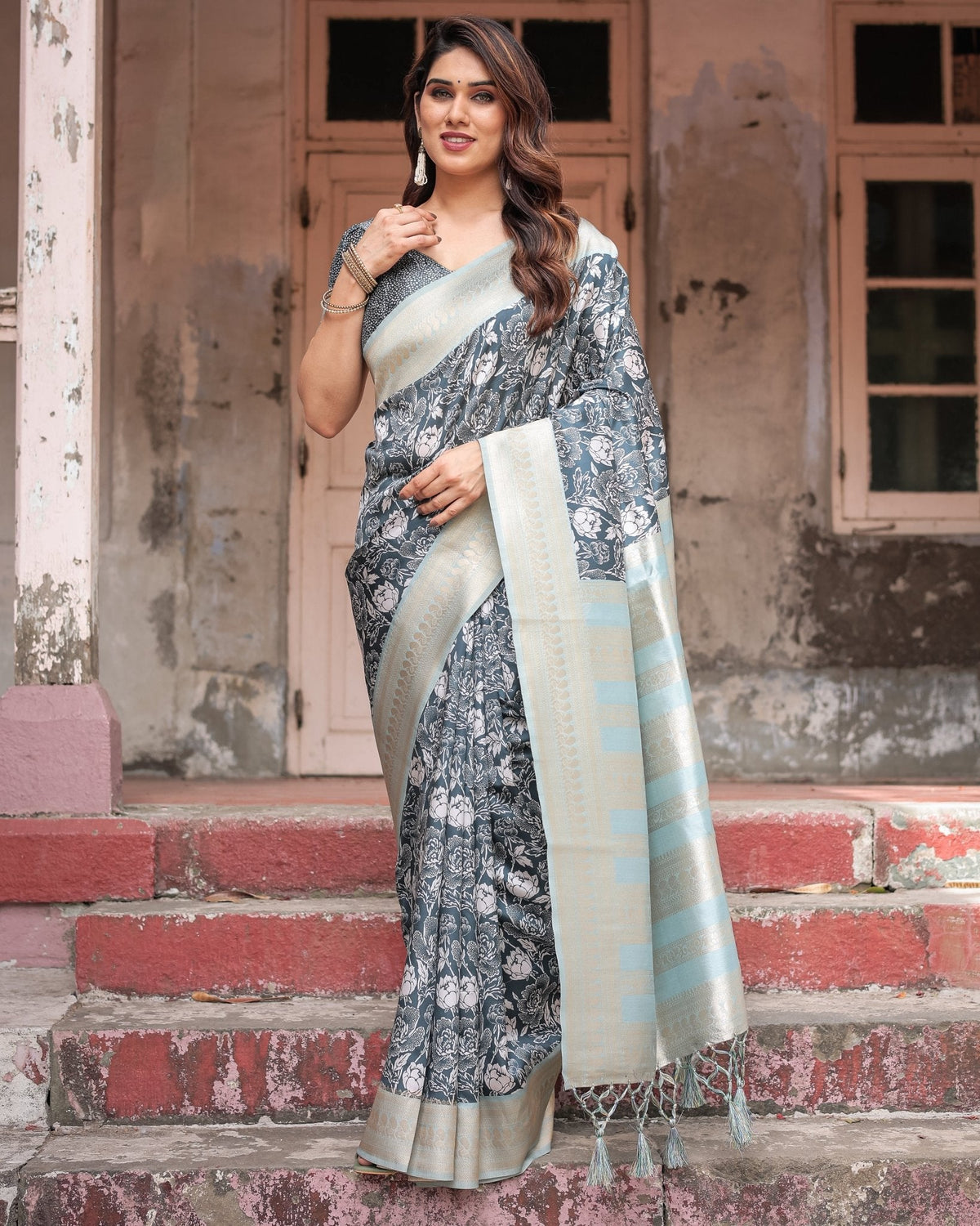 Sophisticated Floral Banarasi Silk Saree with Light Blue Zari Border BANARASI PRINTED Main image