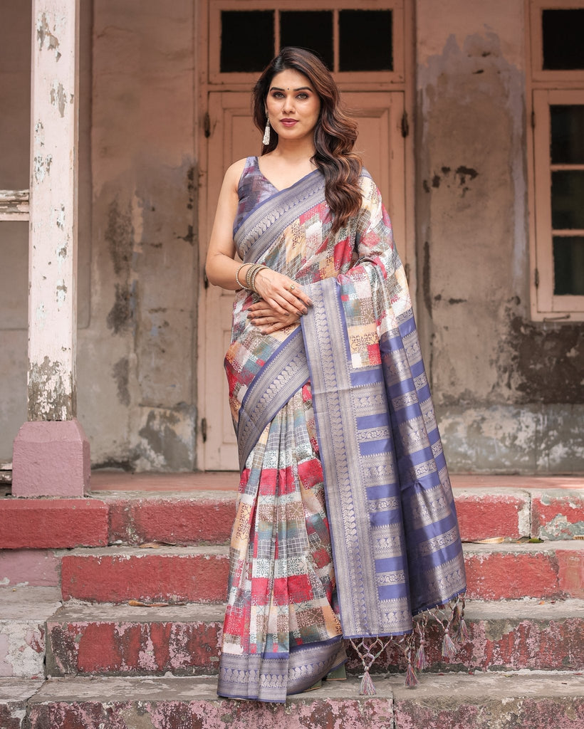 Multicolor Banarasi Silk Saree with Abstract Checkered Print & Lavender Zari Border BANARASI PRINTED