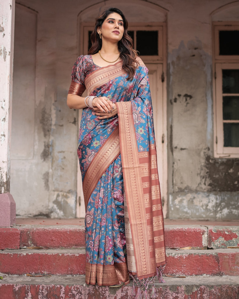 Teal Banarasi Silk Saree with Rust Zari Border and Floral Motifs BANARASI PRINTED
