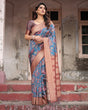 Load image into Gallery viewer, Teal Banarasi Silk Saree with Rust Zari Border and Floral Motifs BANARASI PRINTED