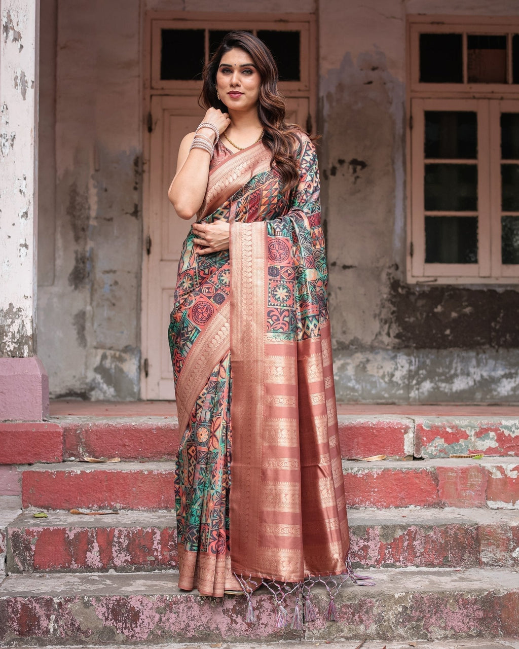 Multicolor Geometric Print Banarasi Silk Saree with Copper Zari Border BANARASI PRINTED