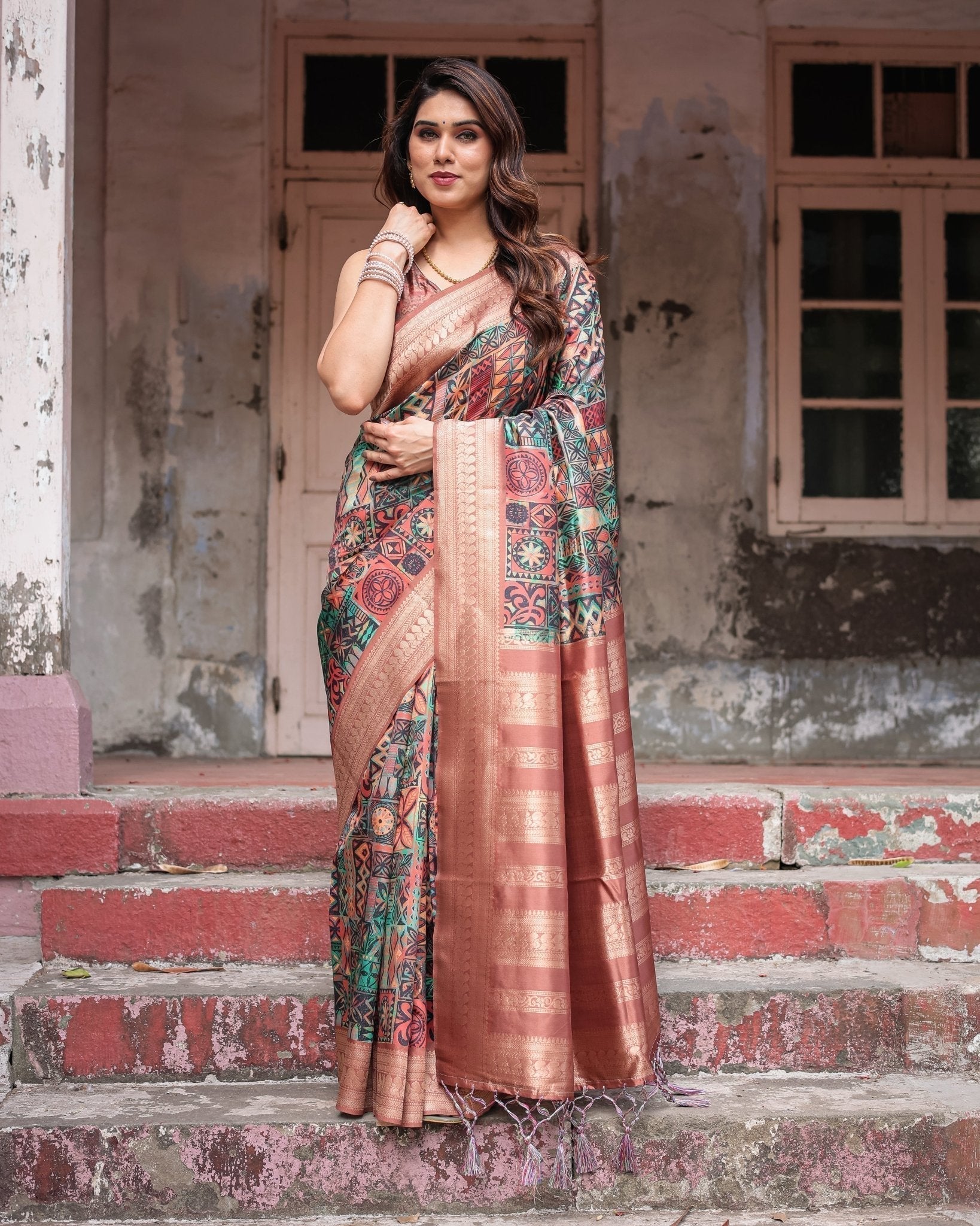 Multicolor Geometric Print Banarasi Silk Saree with Copper Zari Border BANARASI PRINTED