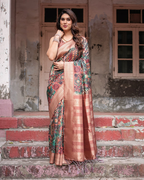 Multicolor Geometric Print Banarasi Silk Saree with Copper Zari Border BANARASI PRINTED