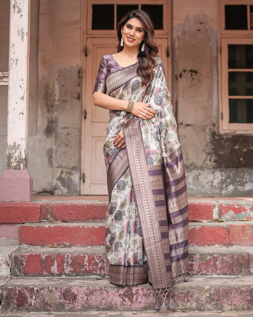 Regal Purple Banarasi Silk Saree with Digital Print and Ornate Border BANARASI PRINTED