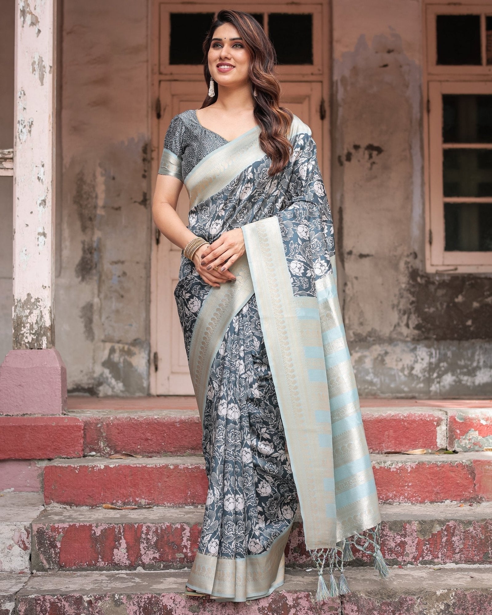 Sophisticated Floral Banarasi Silk Saree with Light Blue Zari Border BANARASI PRINTED