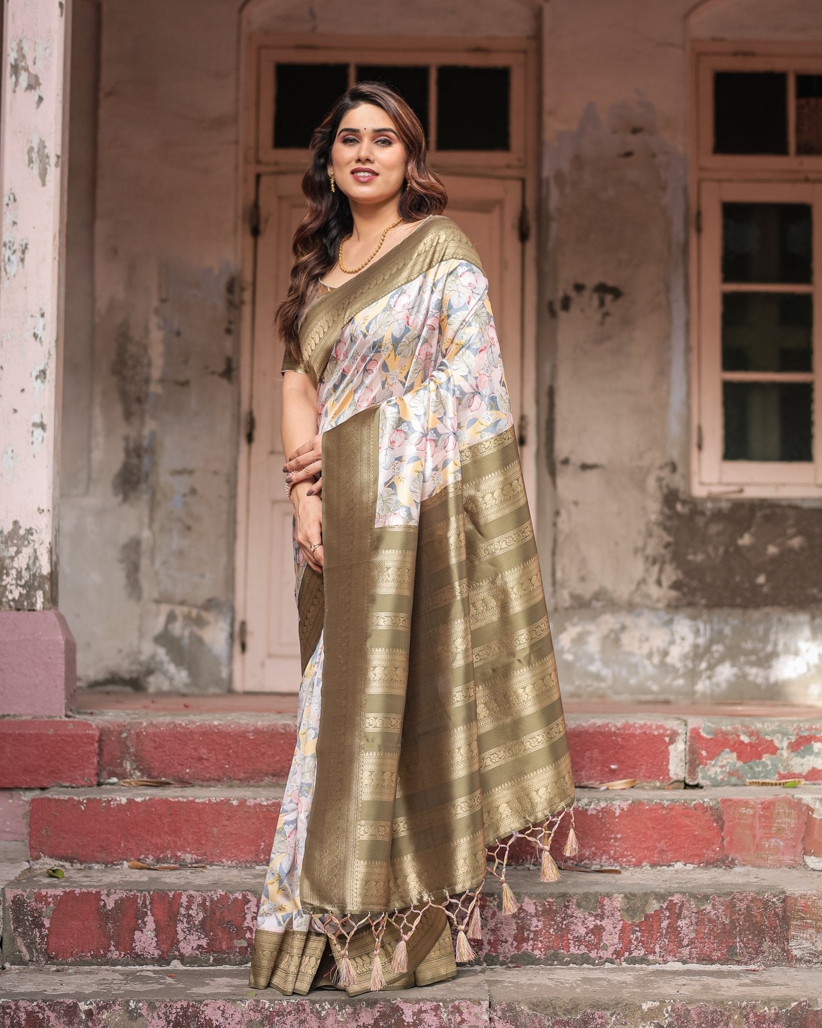 Ivory Banarasi Silk Saree with Gold Zari Border and Multicolor Floral Design Secondary image