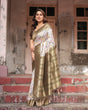 Load image into Gallery viewer, Ivory Banarasi Silk Saree with Gold Zari Border and Multicolor Floral Design BANARASI PRINTED
