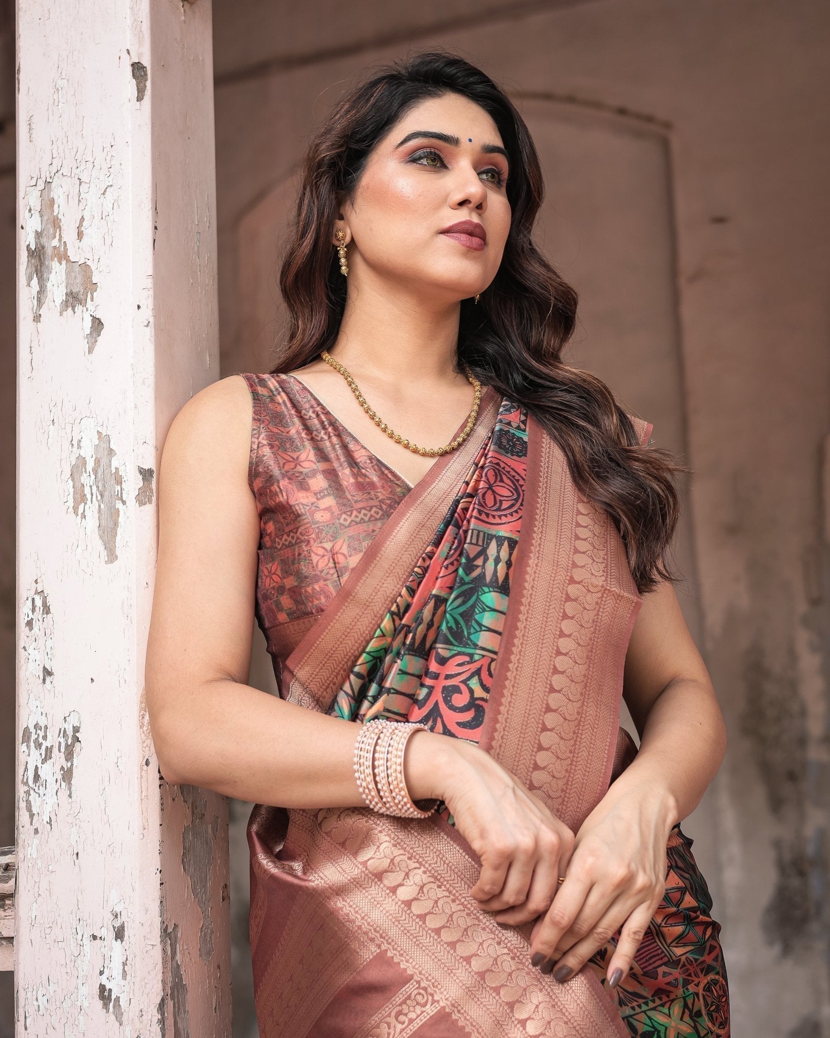 Multicolor Geometric Print Banarasi Silk Saree with Copper Zari Border BANARASI PRINTED