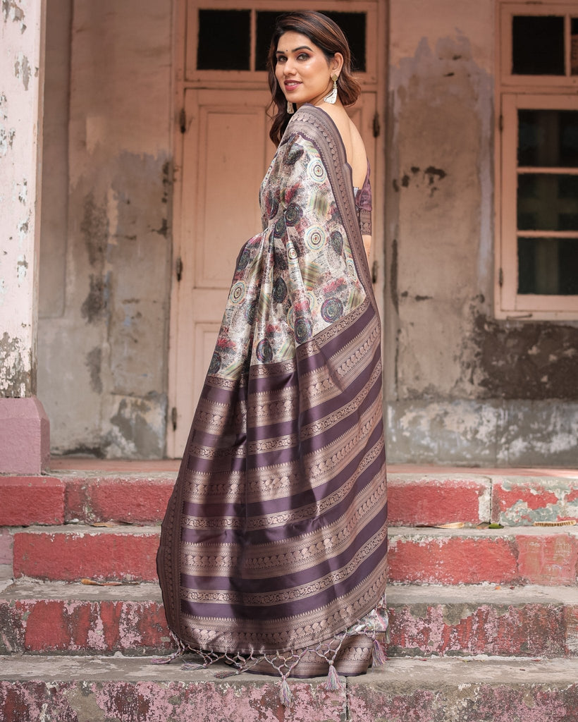 Regal Purple Banarasi Silk Saree with Digital Print and Ornate Border BANARASI PRINTED