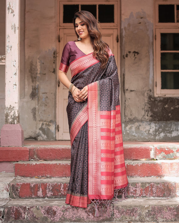 Black Banarasi Silk Saree with Intricate Pink Zari Border & Traditional Motifs BANARASI PRINTED