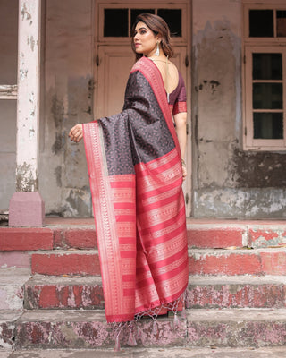 Black Banarasi Silk Saree with Intricate Pink Zari Border & Traditional Motifs BANARASI PRINTED