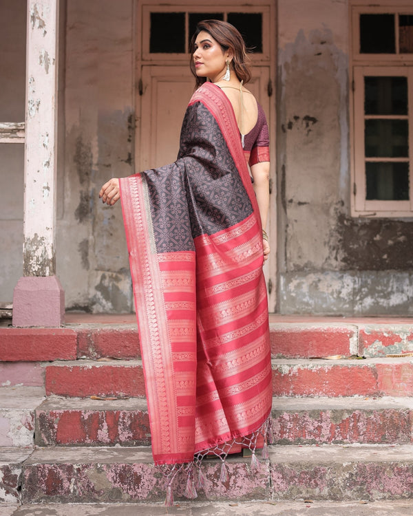 Black Banarasi Silk Saree with Intricate Pink Zari Border & Traditional Motifs BANARASI PRINTED