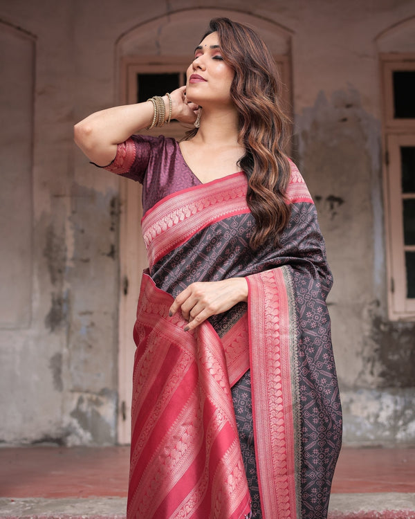 Black Banarasi Silk Saree with Intricate Pink Zari Border & Traditional Motifs BANARASI PRINTED