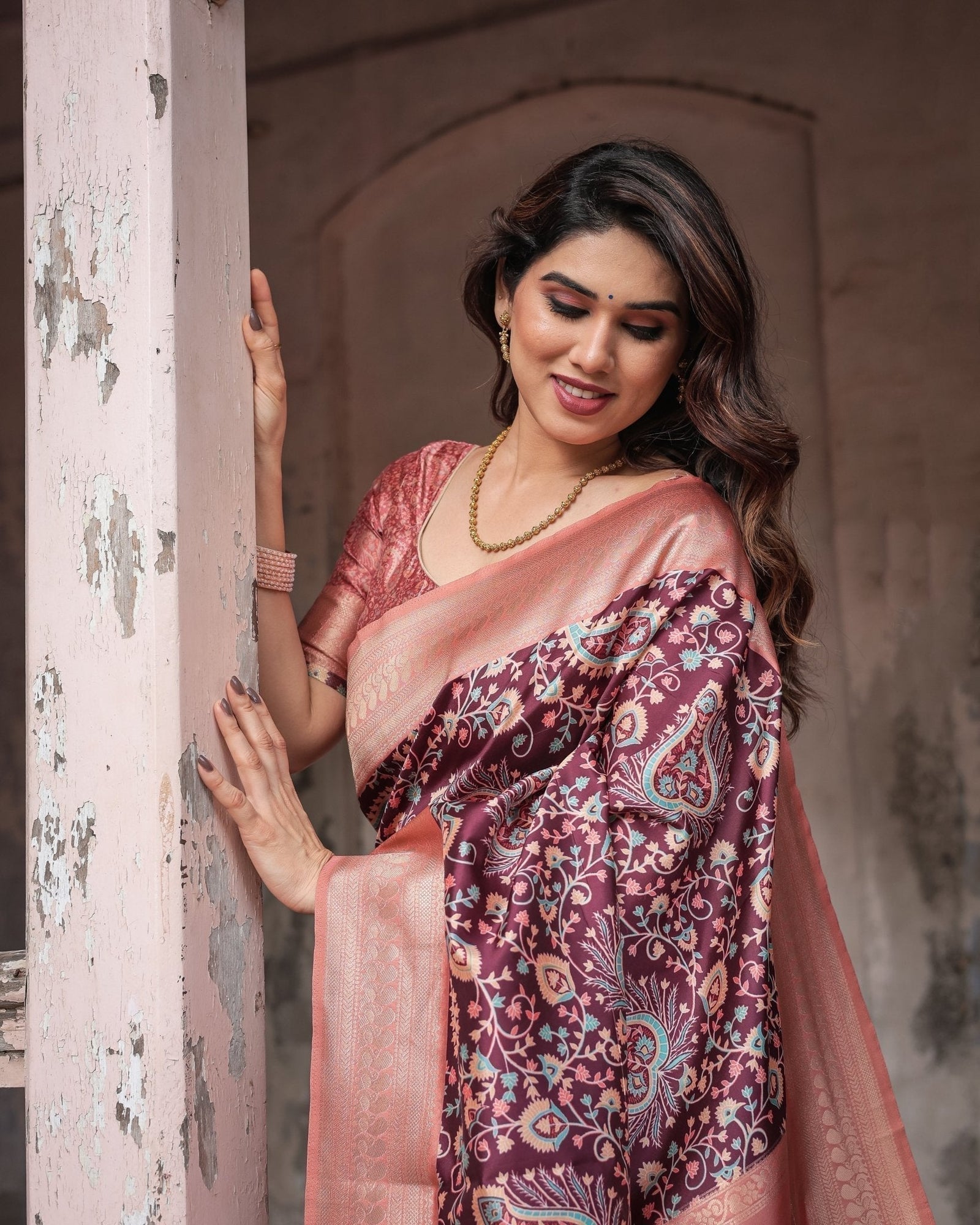 Maroon Banarasi Silk Saree with Peach Zari Border and Paisley Motifs BANARASI PRINTED
