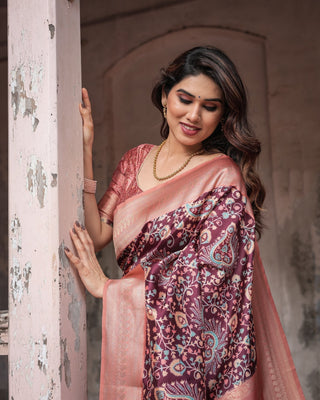 Maroon Banarasi Silk Saree with Peach Zari Border and Paisley Motifs BANARASI PRINTED