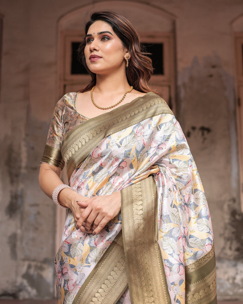 Ivory Banarasi Silk Saree with Gold Zari Border and Multicolor Floral Design BANARASI PRINTED