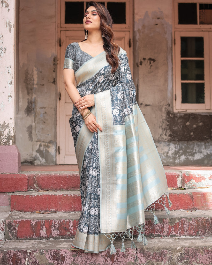 Sophisticated Floral Banarasi Silk Saree with Light Blue Zari Border BANARASI PRINTED