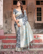 Load image into Gallery viewer, Sophisticated Floral Banarasi Silk Saree with Light Blue Zari Border BANARASI PRINTED