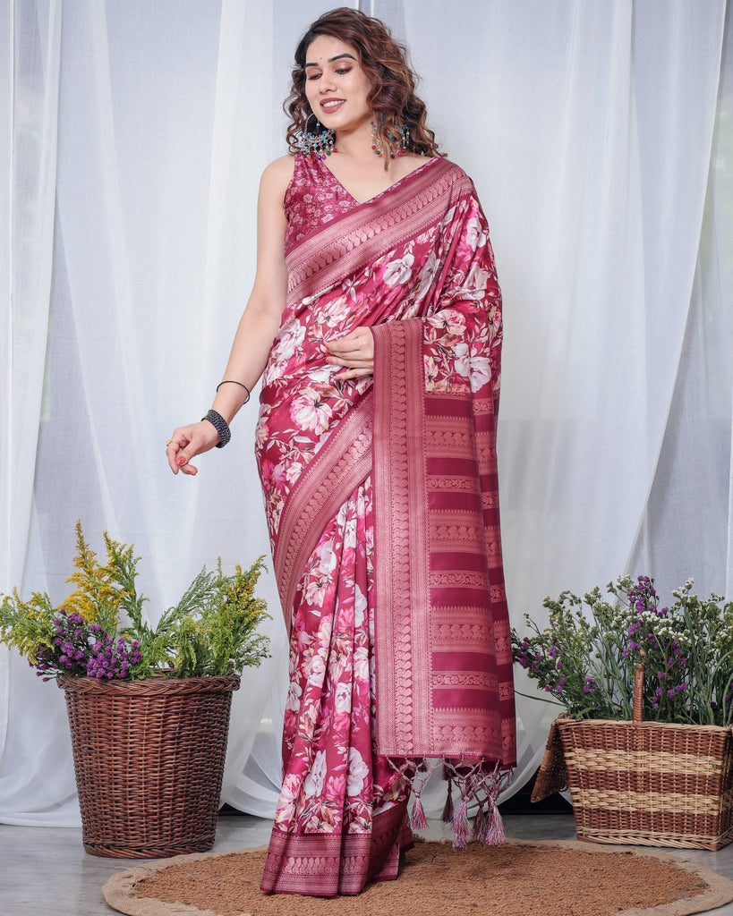 Graceful Maroon Floral Banarasi Silk Saree with Tassels BANARASI PRINTED