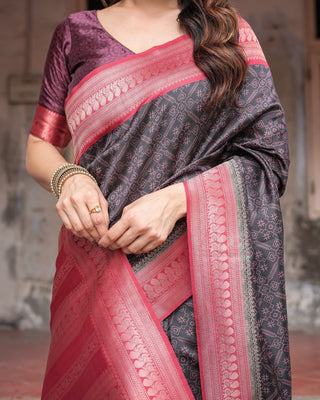 Black Banarasi Silk Saree with Intricate Pink Zari Border & Traditional Motifs BANARASI PRINTED