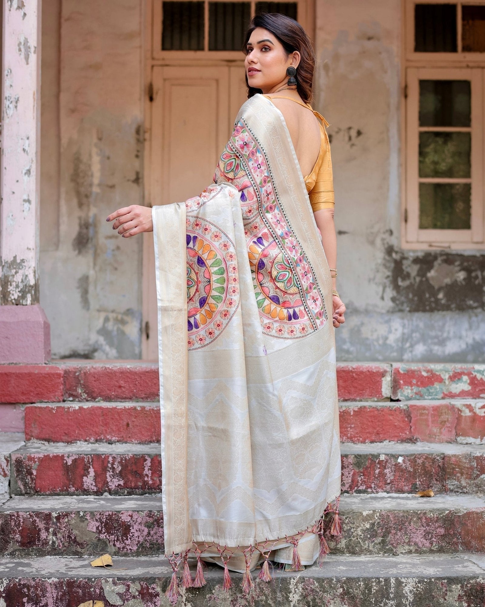 Off-White and Multicolor Mandala Design Banarasi Silk Saree with Zari Weave and Tassel-Adorned Pallu BANARASI PRINTED