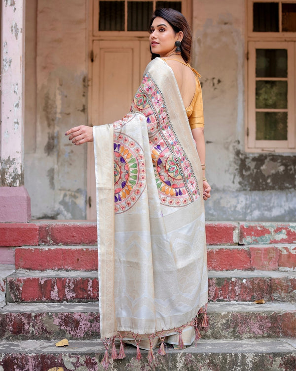 Off-White and Multicolor Mandala Design Banarasi Silk Saree with Zari Weave and Tassel-Adorned Pallu BANARASI PRINTED