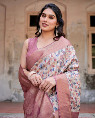 Beige and Pink Geometric Print Banarasi Silk Saree with Zari Weave and Tassel-Embellished Pallu BANARASI PRINTED