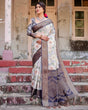 Load image into Gallery viewer, Elegant Gray Banarasi Silk Saree with Navy Blue Zari Weave, Floral Design, and Tassels BANARASI PRINTED